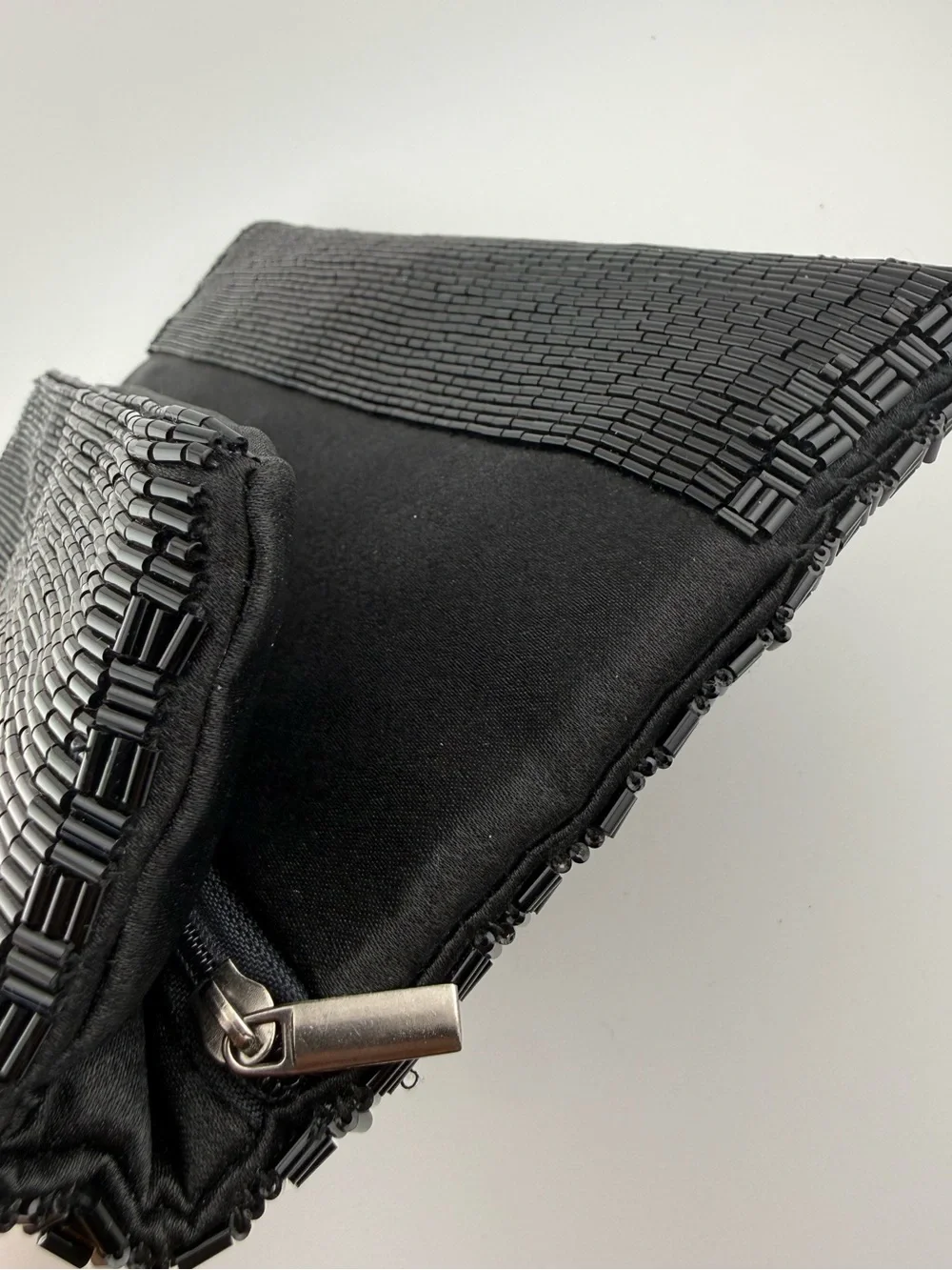 Sondra Roberts Black Bugle Beaded Fold-Over Clutch Evening Bag